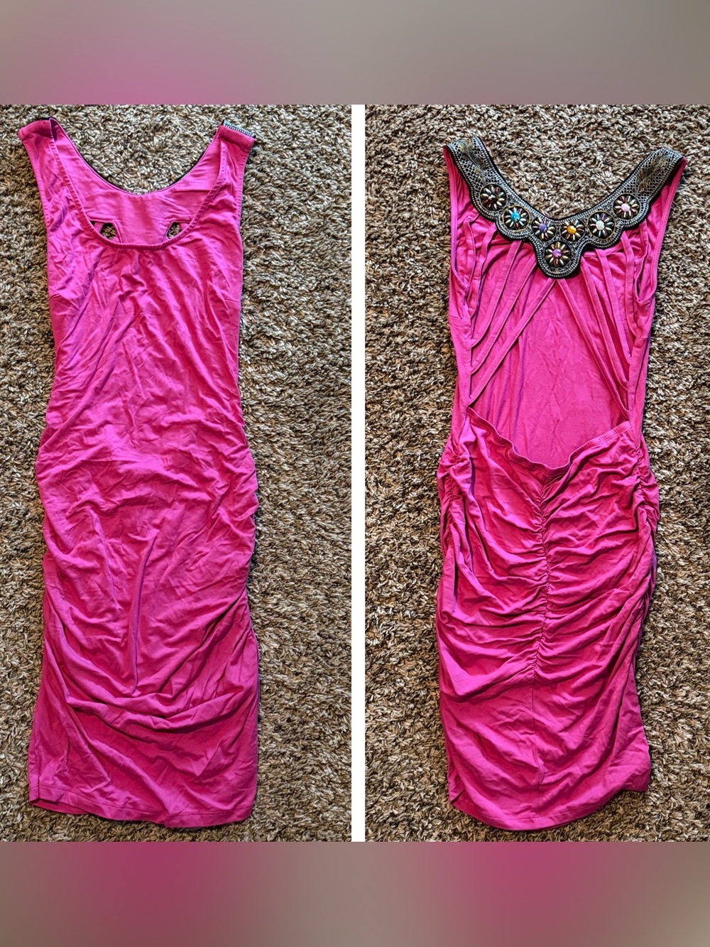 New VENUS Fuchsia Sleeveless Ruched Mini Dress with Embellished Neckline